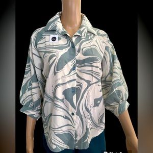 👚 Allover Print 3/4 Sleeve Trim Button Front Shirt